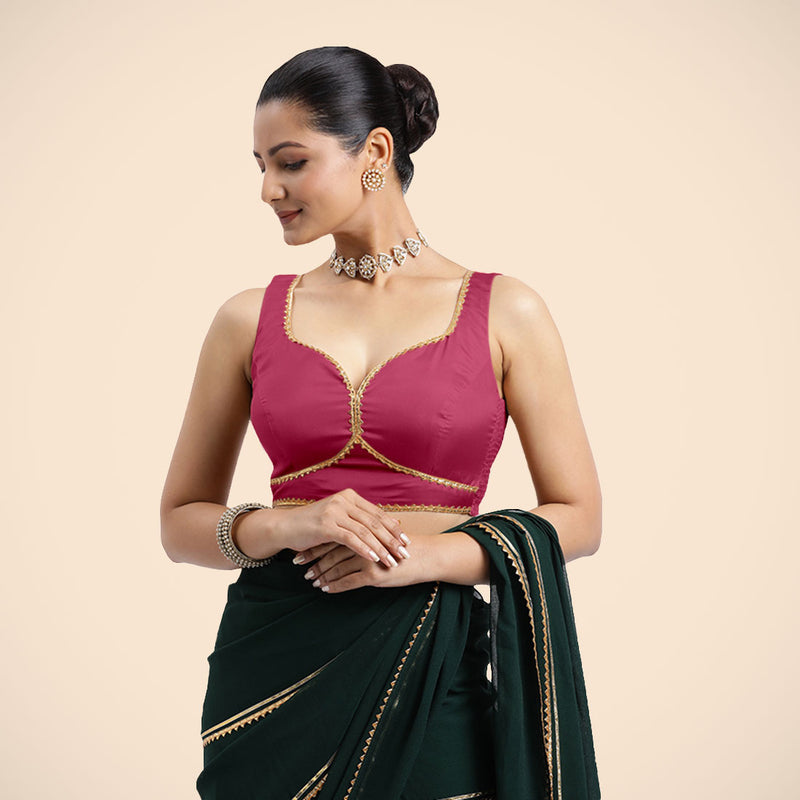 Ishika x Tyohaar | Rani Pink Sleeveless FlexiFit™ Saree Blouse with Beetle Leaf Neckline with Golden Gota Lace and Back Cut-out with Tie-Up-Binks