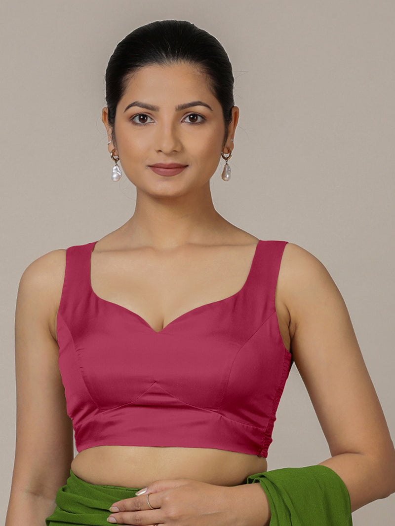 Ishika x Rozaana | Rani Pink Sleeveless FlexiFit™ Saree Blouse with Beetle Leaf Neckline and Back Cut-out with Tie-Up-Binks