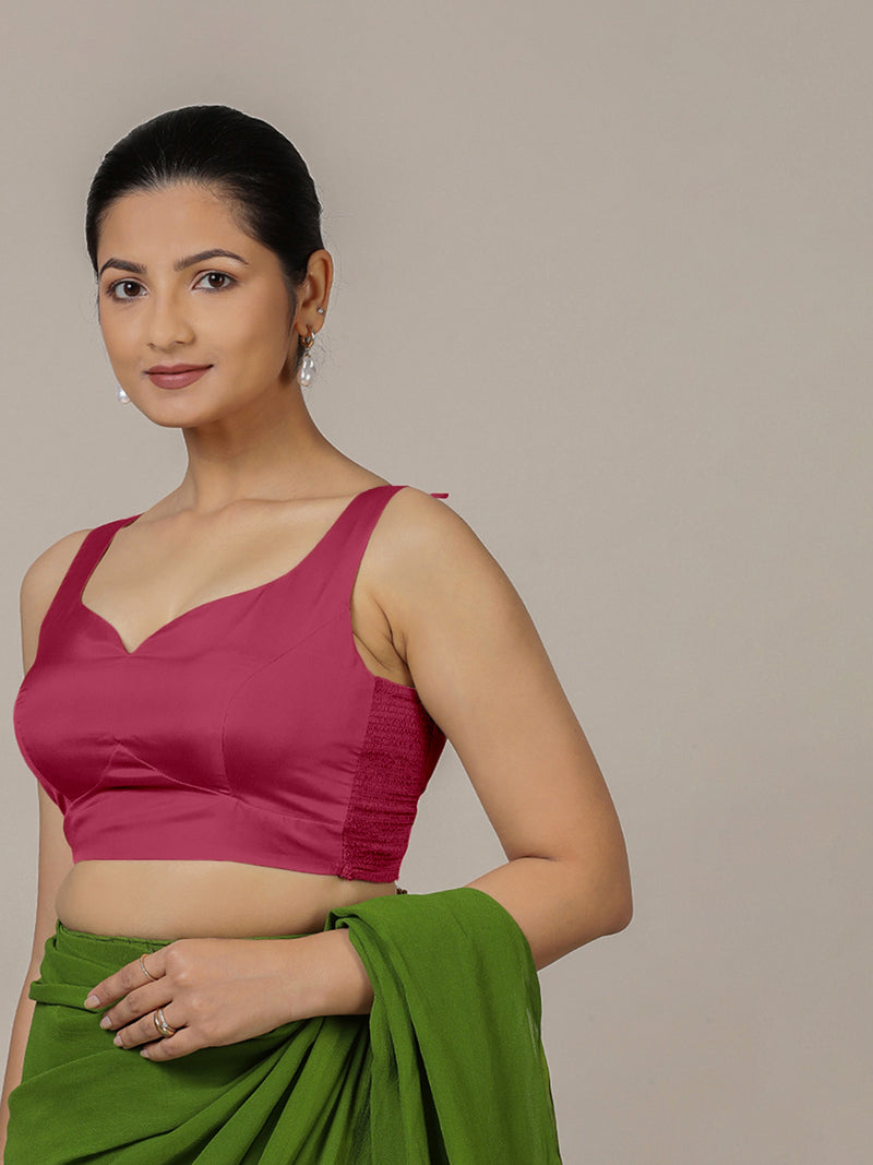 Ishika x Rozaana | Rani Pink Sleeveless FlexiFit™ Saree Blouse with Beetle Leaf Neckline and Back Cut-out with Tie-Up-Binks