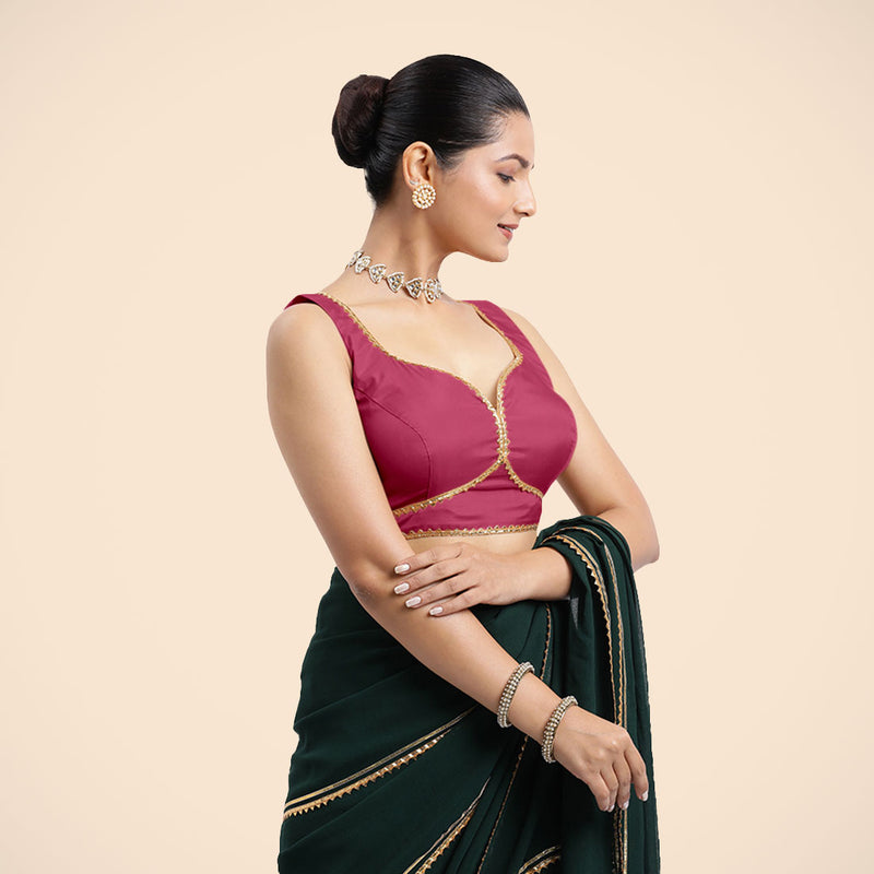 Ishika x Tyohaar | Rani Pink Sleeveless FlexiFit™ Saree Blouse with Beetle Leaf Neckline with Golden Gota Lace and Back Cut-out with Tie-Up-Binks