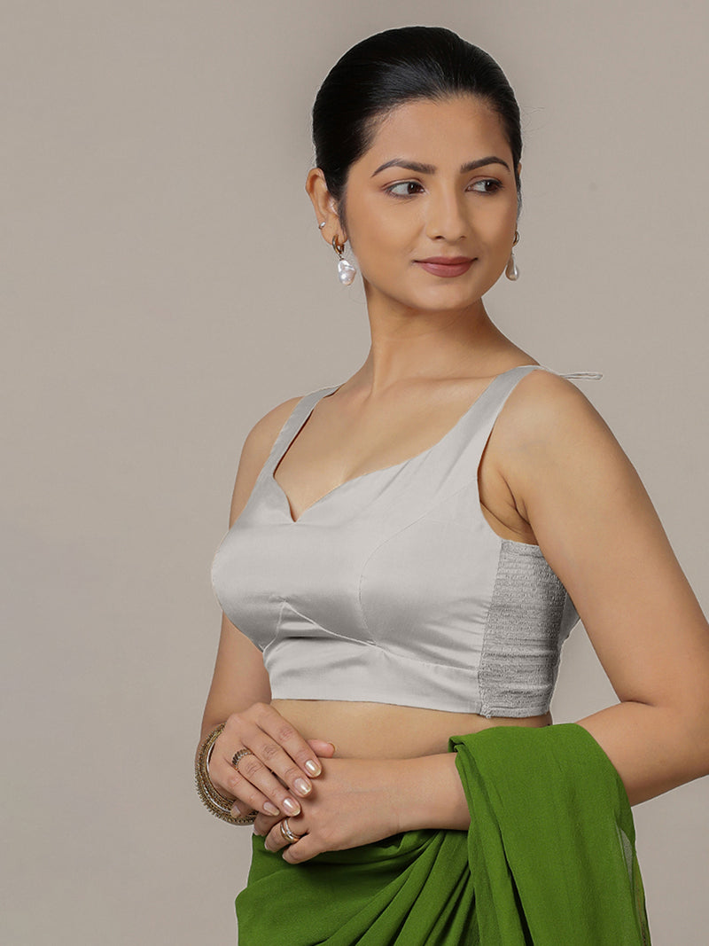 Ishika x Rozaana | Silver Sleeveless FlexiFit™ Saree Blouse with Beetle Leaf Neckline and Back Cut-out with Tie-Up-Binks