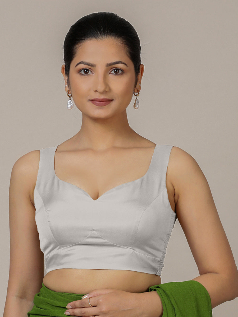 Ishika x Rozaana Saree Blouse, in Silver Vegan Silk, featuring sleeveless and sweetheart neckline, made for party & festive.