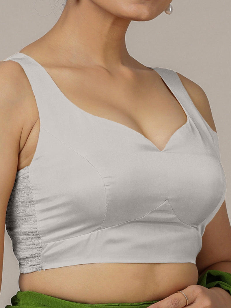 Ishika x Rozaana | Silver Sleeveless FlexiFit™ Saree Blouse with Beetle Leaf Neckline and Back Cut-out with Tie-Up-Binks