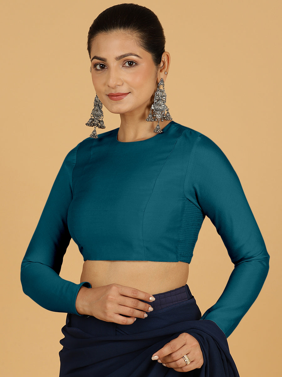 Jaya x Rozaana Saree Blouse, in Blue Viscose, featuring full sleeves and jewel neckline, made for daily & work (view 6).