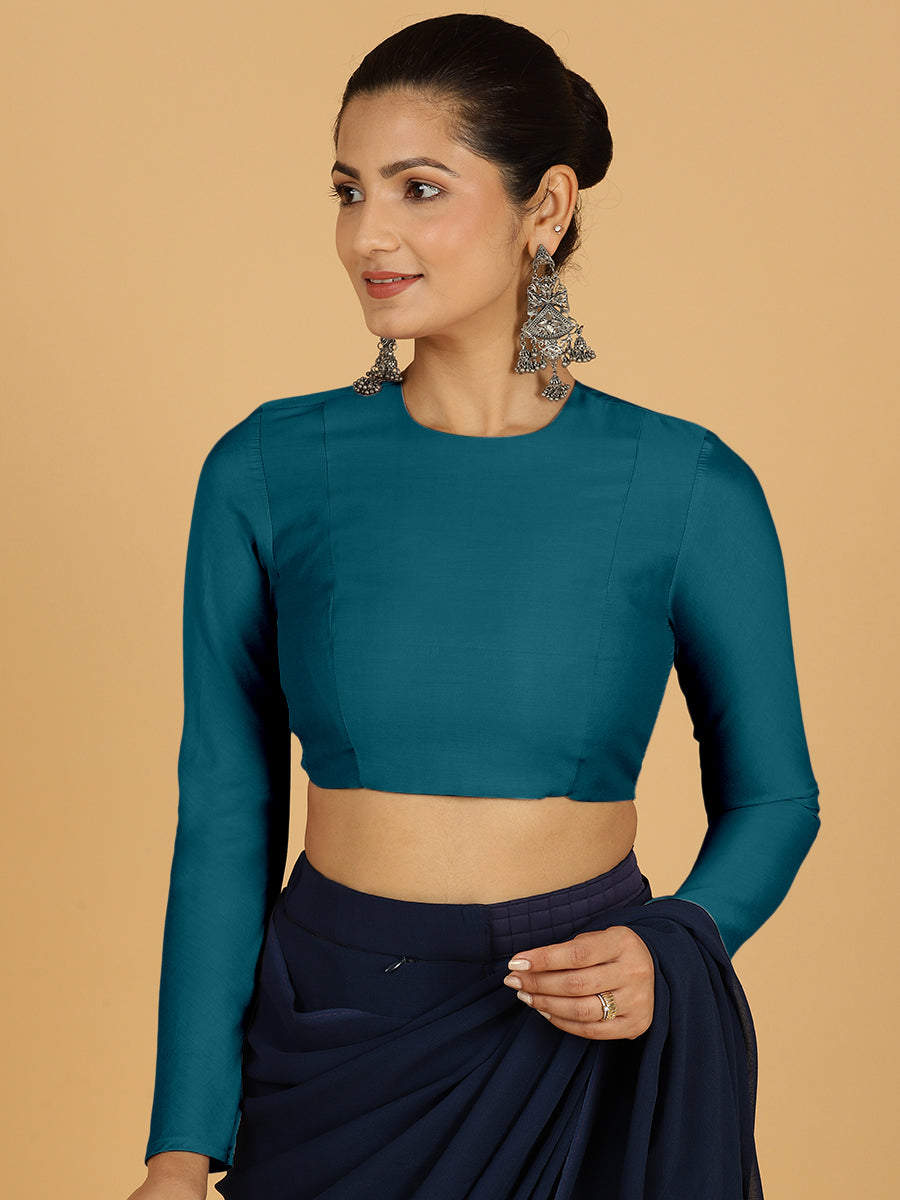 Jaya x Rozaana Saree Blouse, in Blue Viscose, featuring full sleeves and jewel neckline, made for daily & work (view 7).