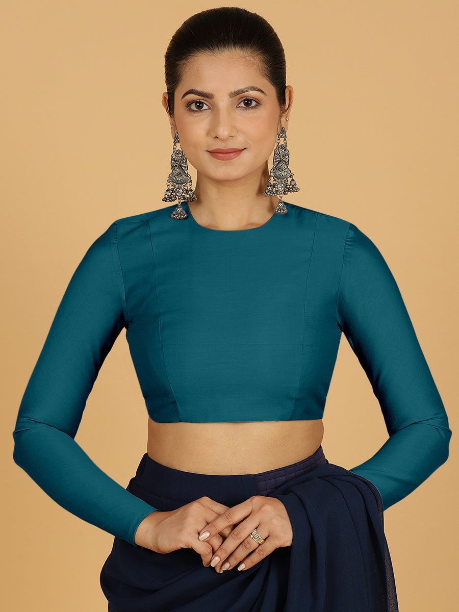 Jaya x Rozaana Saree Blouse, in Blue Viscose, featuring full sleeves and jewel neckline, made for daily & work (view 8).