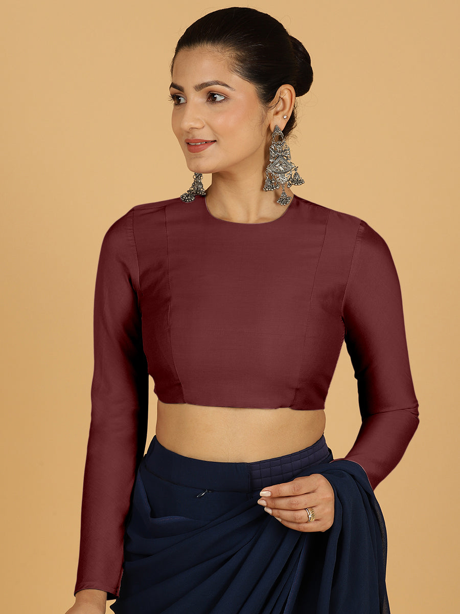 Jaya x Rozaana Saree Blouse, in Maroon Viscose, featuring full sleeves and jewel neckline, made for daily & work (view 7).