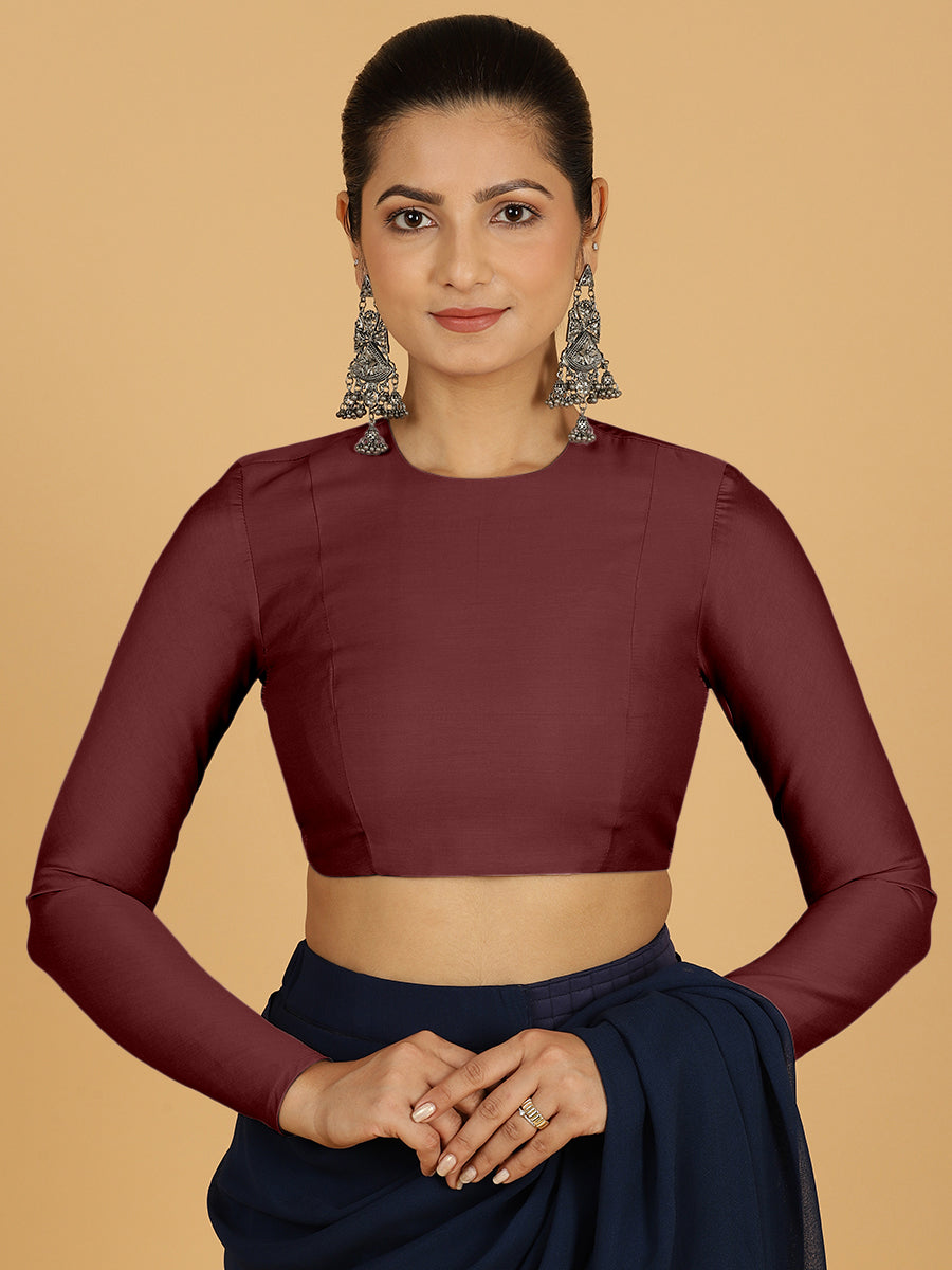 Jaya x Rozaana Saree Blouse, in Maroon Viscose, featuring full sleeves and jewel neckline, made for daily & work (view 8).