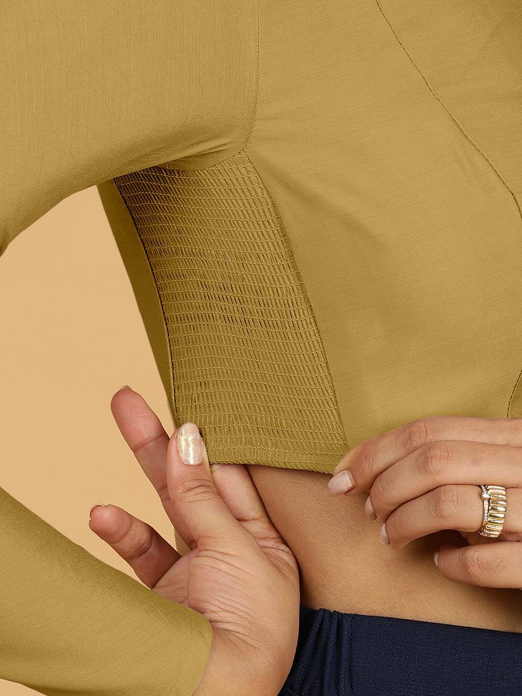 Jaya x Rozaana Saree Blouse, in Yellow Viscose, featuring full sleeves and jewel neckline, made for daily & work (view 2).