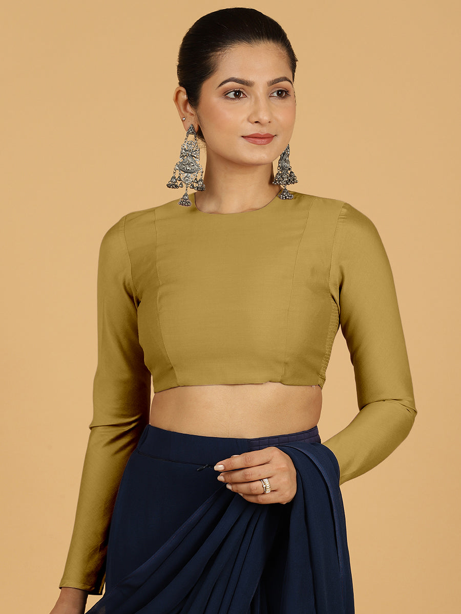 Jaya x Rozaana Saree Blouse, in Yellow Viscose, featuring full sleeves and jewel neckline, made for daily & work (view 8).
