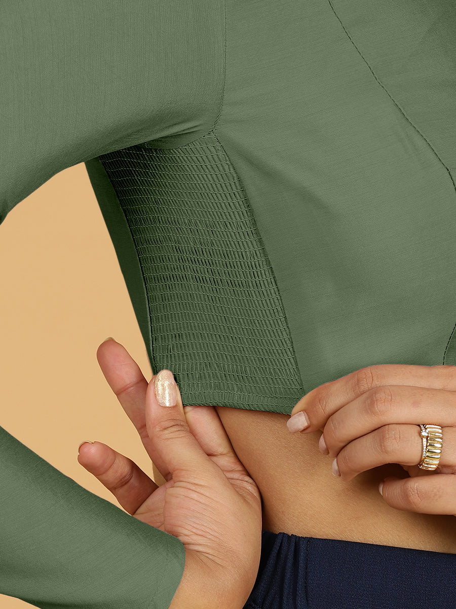Jaya x Rozaana Saree Blouse, in Green Viscose, featuring full sleeves and jewel neckline, made for daily & work (view 2).