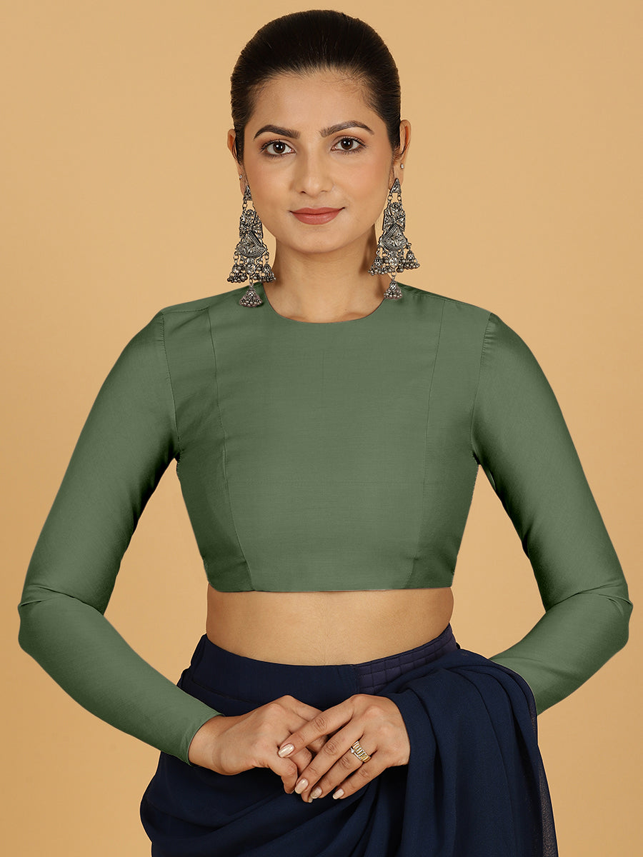 Jaya x Rozaana Saree Blouse, in Green Viscose, featuring full sleeves and jewel neckline, made for daily & work (view 7).