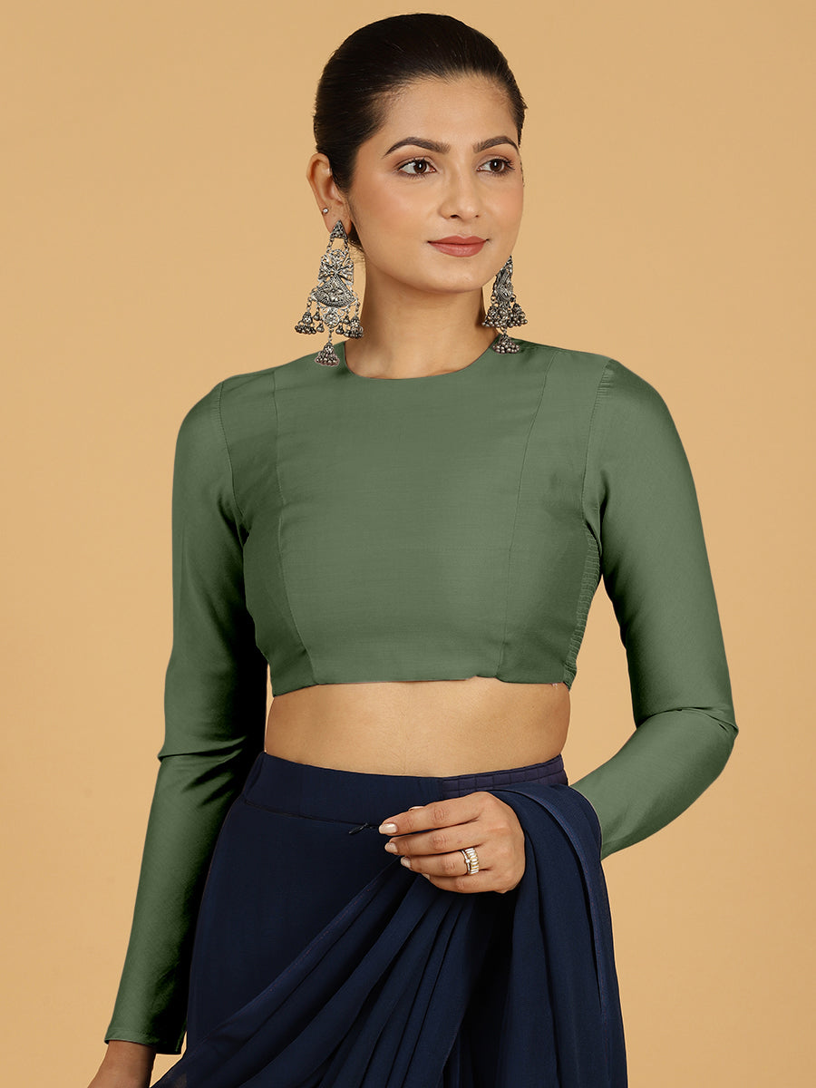 Jaya x Rozaana Saree Blouse, in Green Viscose, featuring full sleeves and jewel neckline, made for daily & work (view 8).