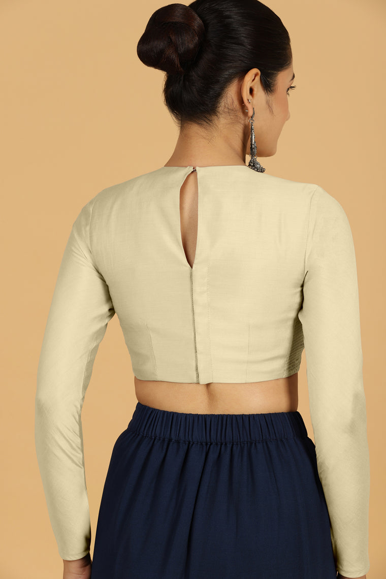 Jaya x Rozaana Saree Blouse, in White Viscose, featuring full sleeves and jewel neckline, made for daily & work (view 2).