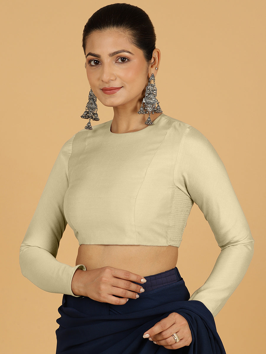 Jaya x Rozaana Saree Blouse, in White Viscose, featuring full sleeves and jewel neckline, made for daily & work (view 7).