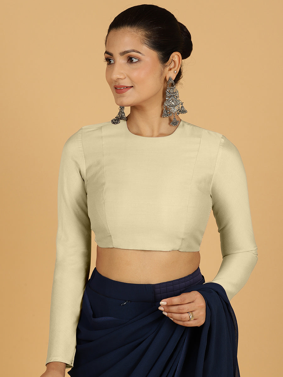 Jaya x Rozaana Saree Blouse, in White Viscose, featuring full sleeves and jewel neckline, made for daily & work (view 8).