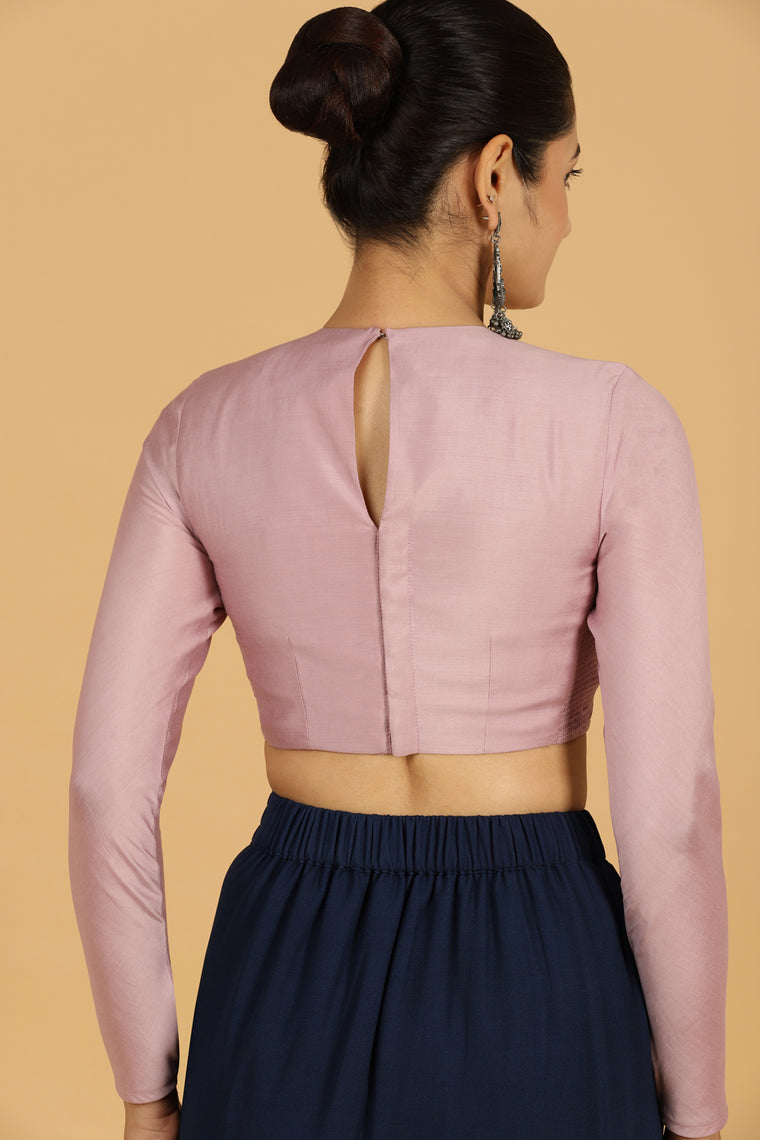 Jaya x Rozaana Saree Blouse, in Purple Viscose, featuring full sleeves and jewel neckline, made for daily & work (view 2).