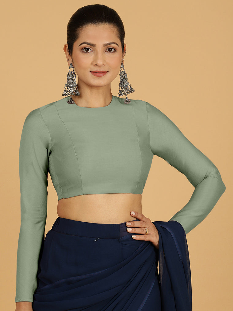 Jaya x Rozaana Saree Blouse, in Green Viscose, featuring full sleeves and jewel neckline, made for daily & work.