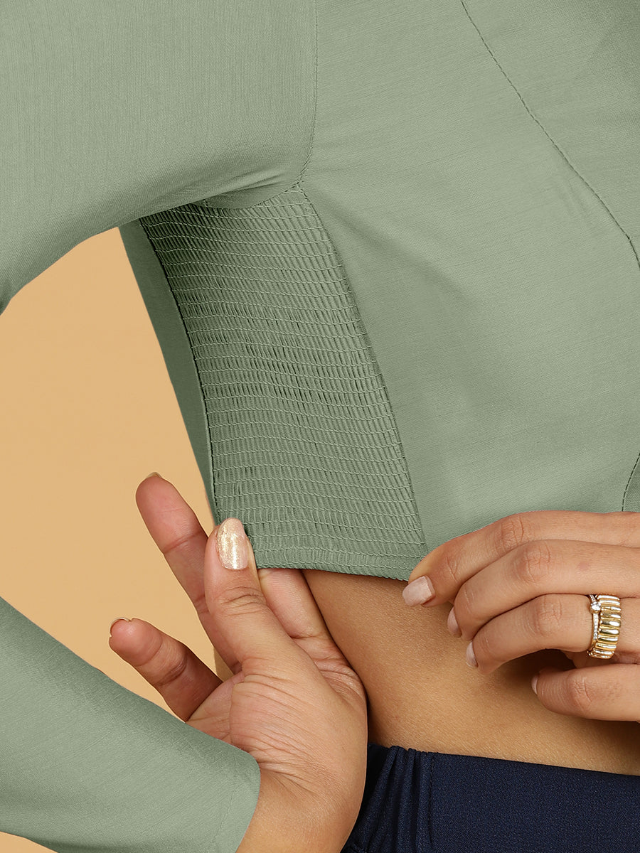 Jaya x Rozaana Saree Blouse, in Green Viscose, featuring full sleeves and jewel neckline, made for daily & work (view 2).