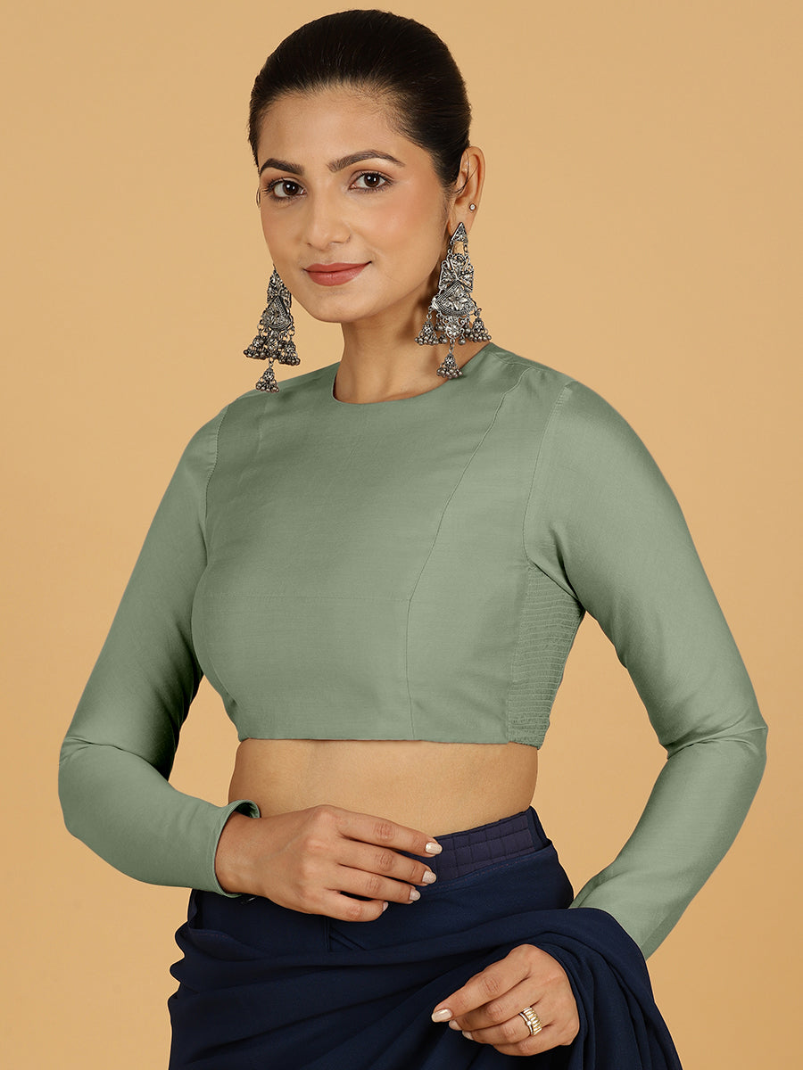 Jaya x Rozaana Saree Blouse, in Green Viscose, featuring full sleeves and jewel neckline, made for daily & work (view 6).