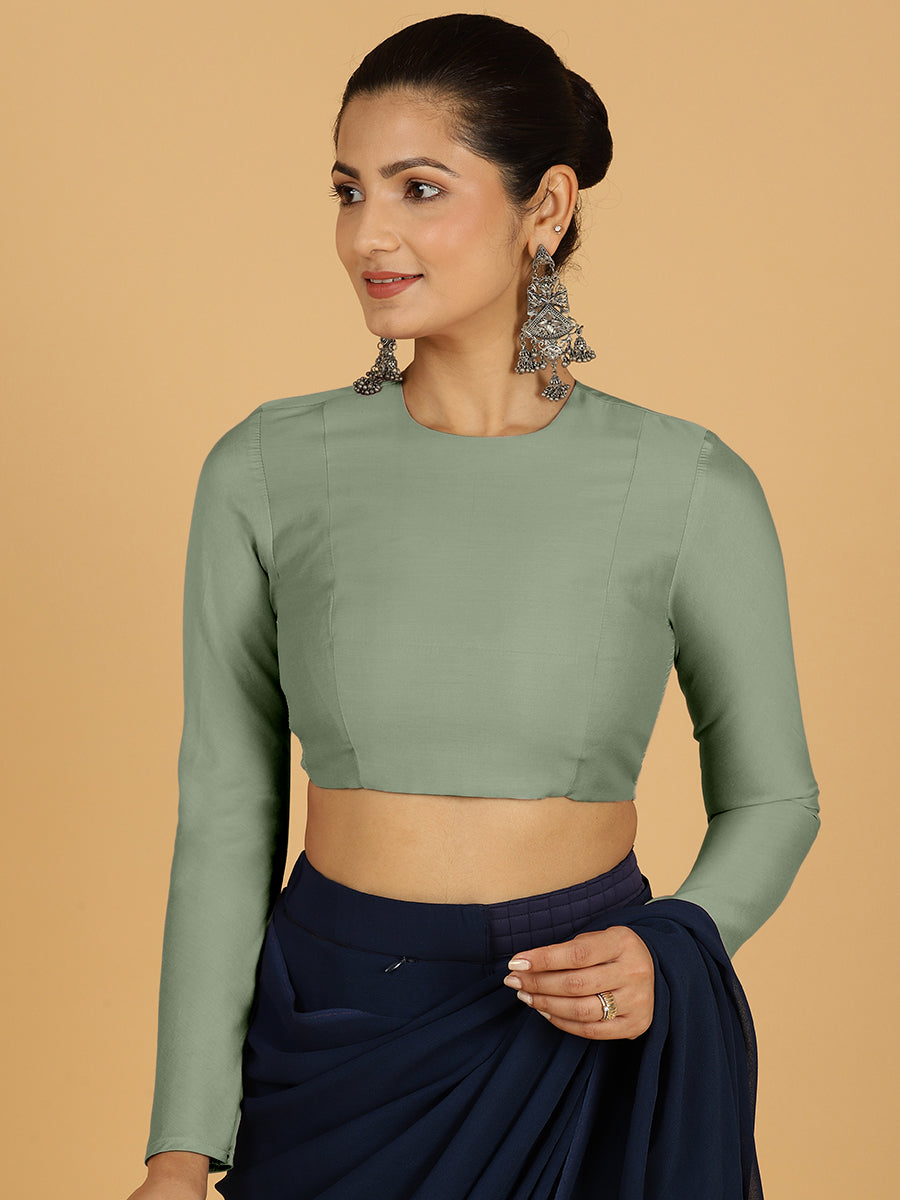 Jaya x Rozaana Saree Blouse, in Green Viscose, featuring full sleeves and jewel neckline, made for daily & work (view 7).