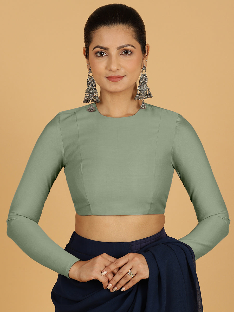 Jaya x Rozaana Saree Blouse, in Green Viscose, featuring full sleeves and jewel neckline, made for daily & work (view 8).