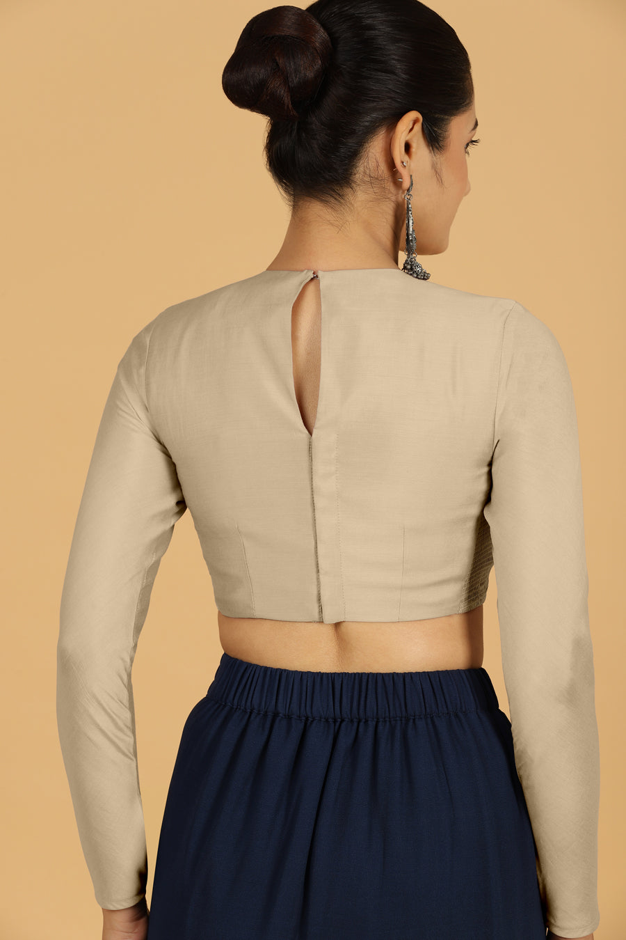 Jaya x Rozaana Saree Blouse, in Grey Viscose, featuring full sleeves and jewel neckline, made for daily & work (view 2).