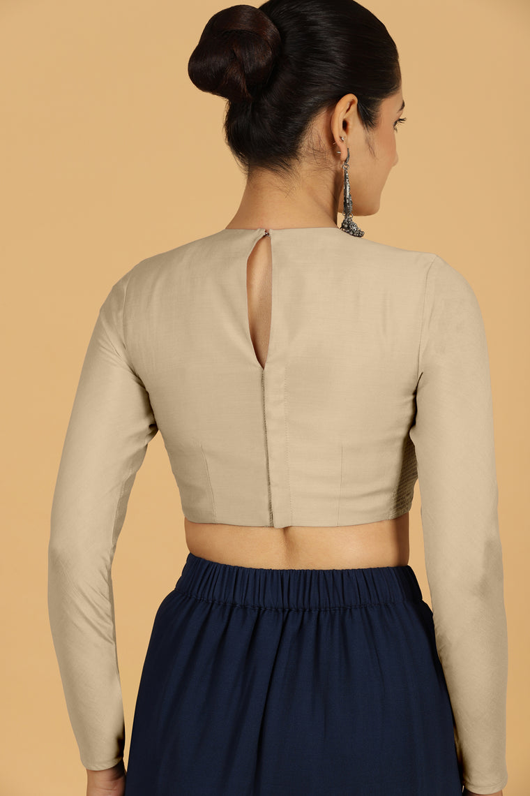 Jaya x Rozaana Saree Blouse, in Grey Viscose, featuring full sleeves and jewel neckline, made for daily & work (view 2).