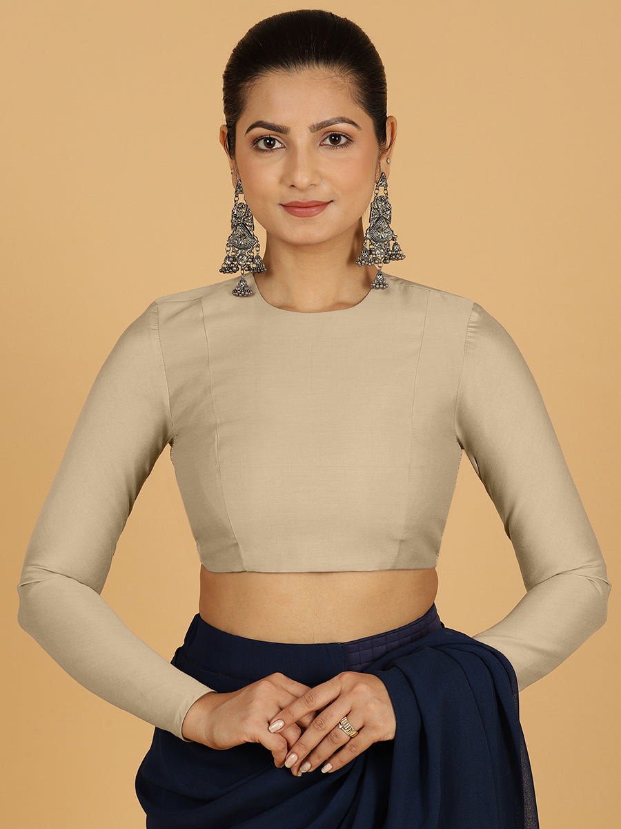 Jaya x Rozaana Saree Blouse, in Grey Viscose, featuring full sleeves and jewel neckline, made for daily & work (view 8).