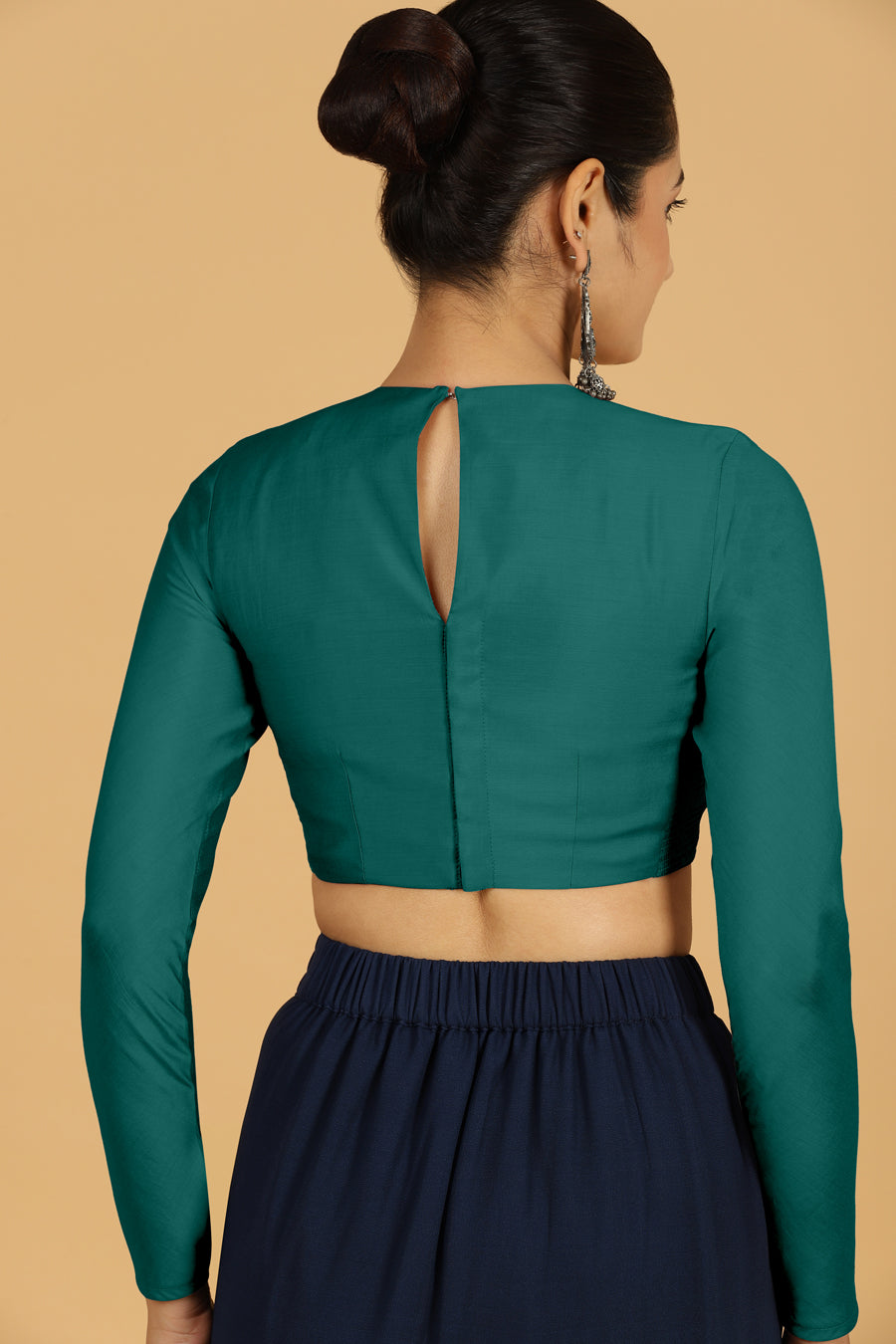 Jaya x Rozaana Saree Blouse, in Green Viscose, featuring full sleeves and jewel neckline, made for daily & work (view 2).
