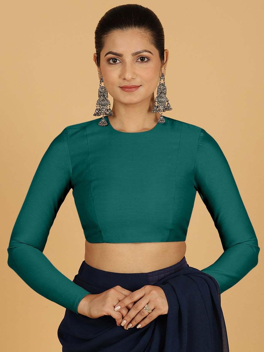 Jaya x Rozaana Saree Blouse, in Green Viscose, featuring full sleeves and jewel neckline, made for daily & work (view 8).