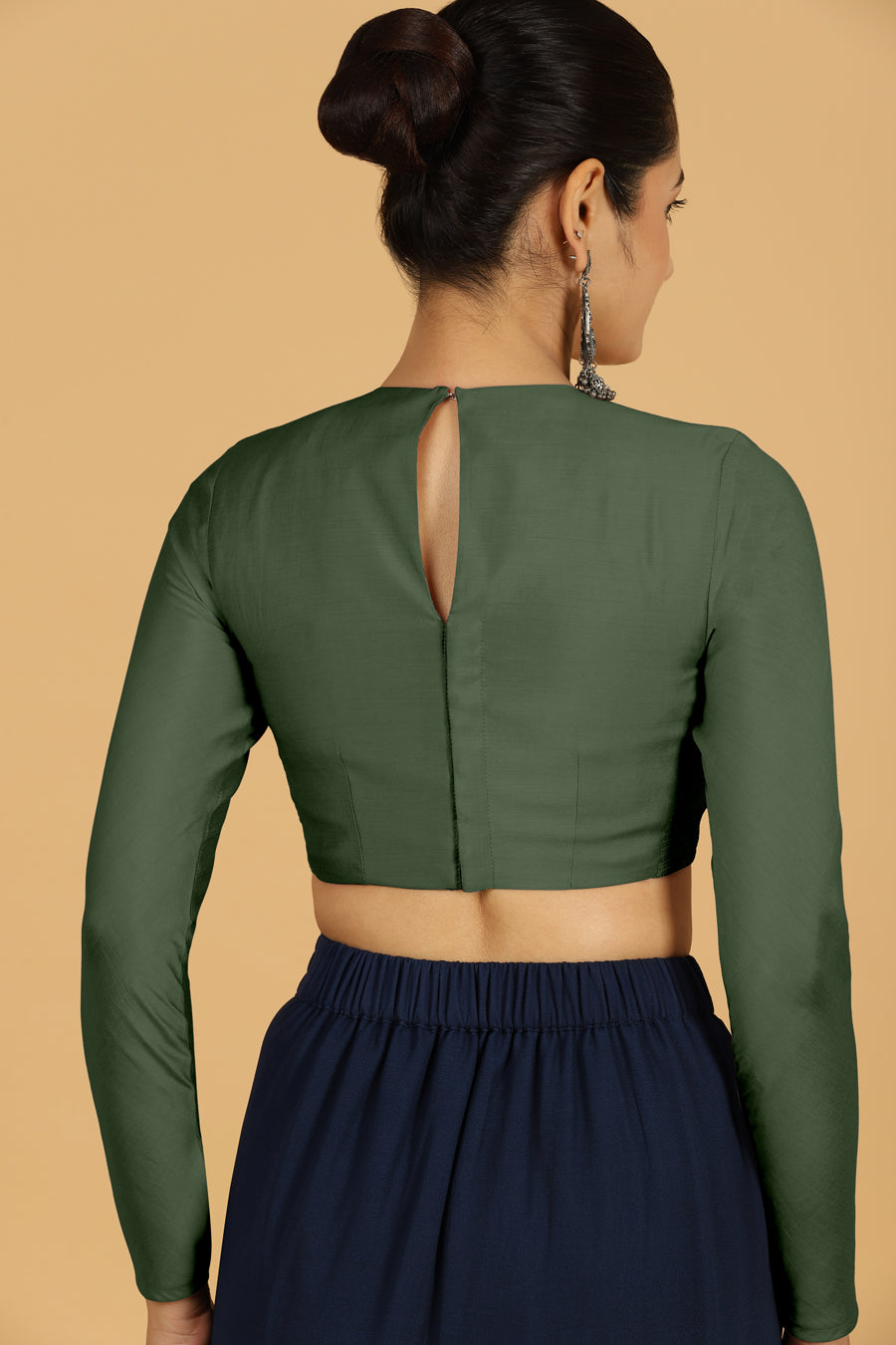 Jaya x Rozaana Saree Blouse, in Green Viscose, featuring full sleeves and jewel neckline, made for daily & work (view 2).