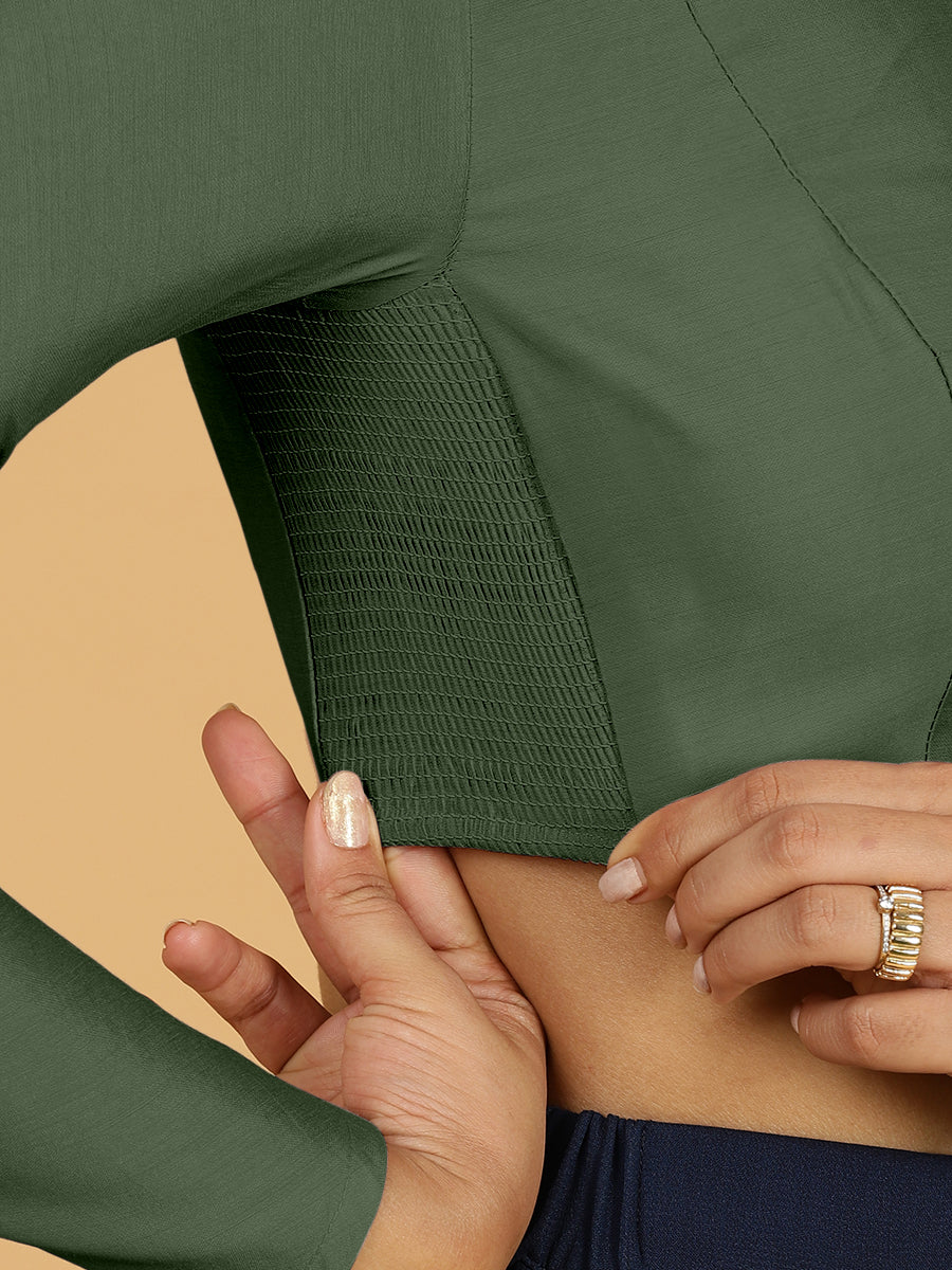 Jaya x Rozaana Saree Blouse, in Green Viscose, featuring full sleeves and jewel neckline, made for daily & work (view 3).