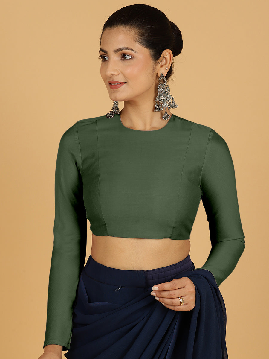 Jaya x Rozaana Saree Blouse, in Green Viscose, featuring full sleeves and jewel neckline, made for daily & work (view 7).
