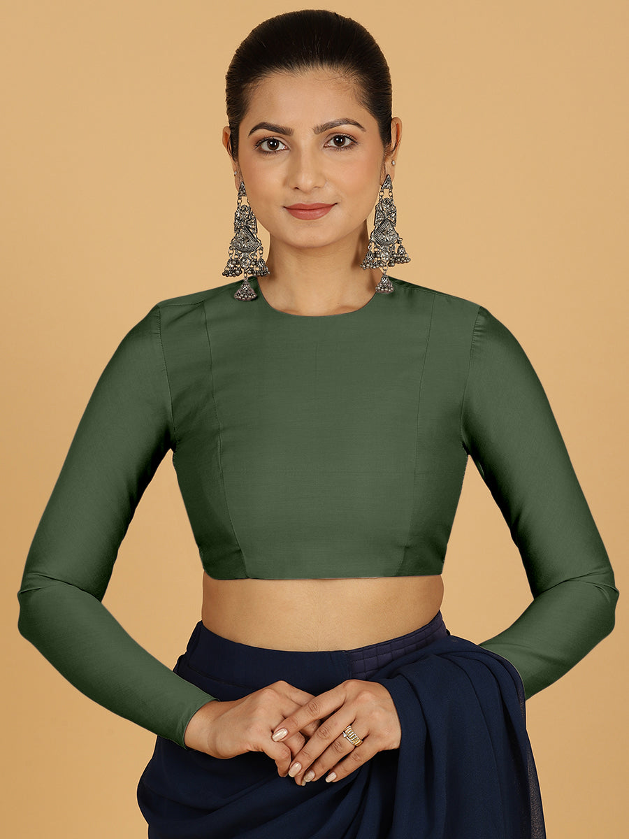 Jaya x Rozaana Saree Blouse, in Green Viscose, featuring full sleeves and jewel neckline, made for daily & work (view 8).