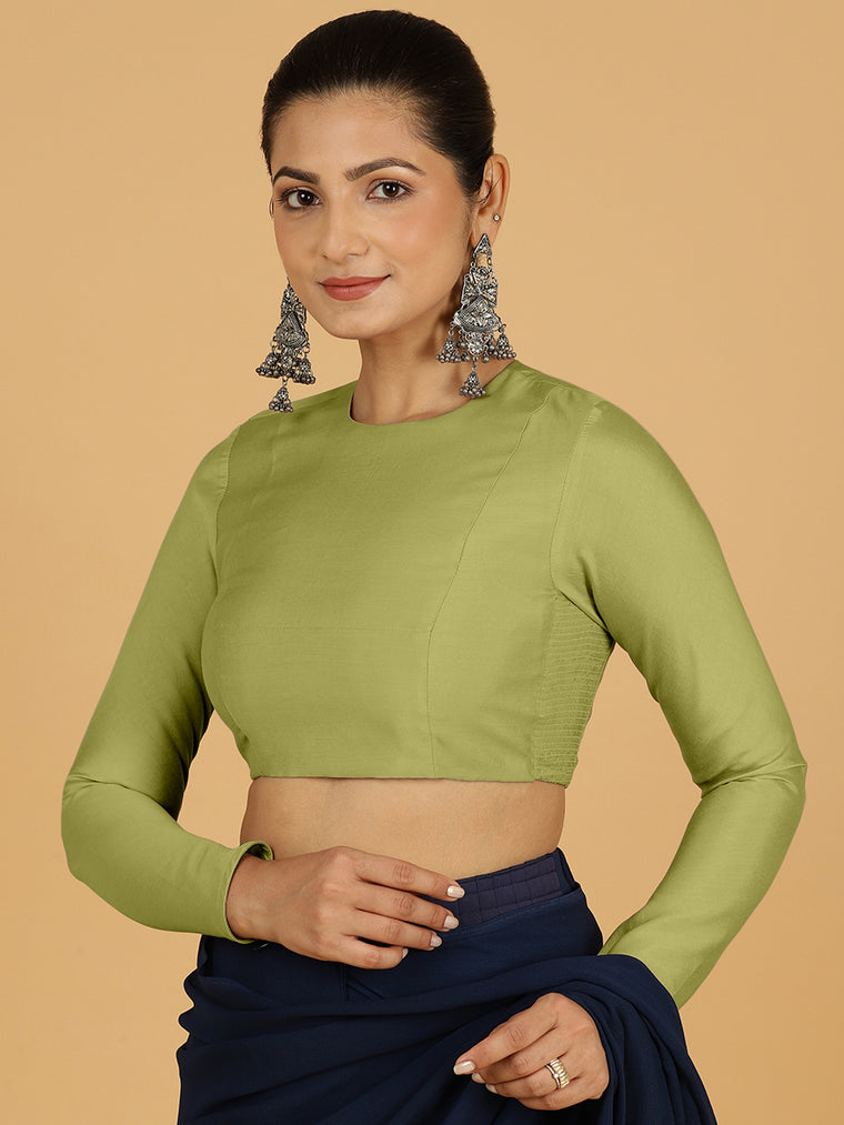Jaya x Rozaana Saree Blouse, in Green Viscose, featuring full sleeves and jewel neckline, made for daily & work.