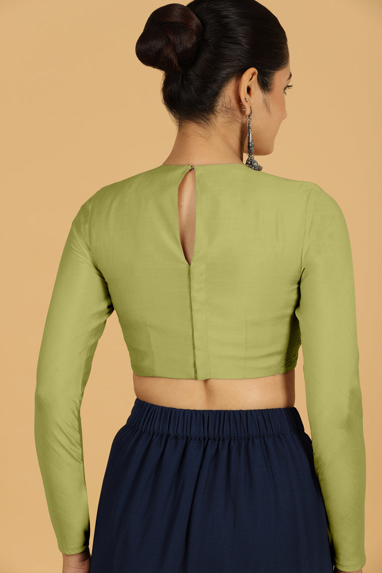 Jaya x Rozaana Saree Blouse, in Green Viscose, featuring full sleeves and jewel neckline, made for daily & work (view 2).