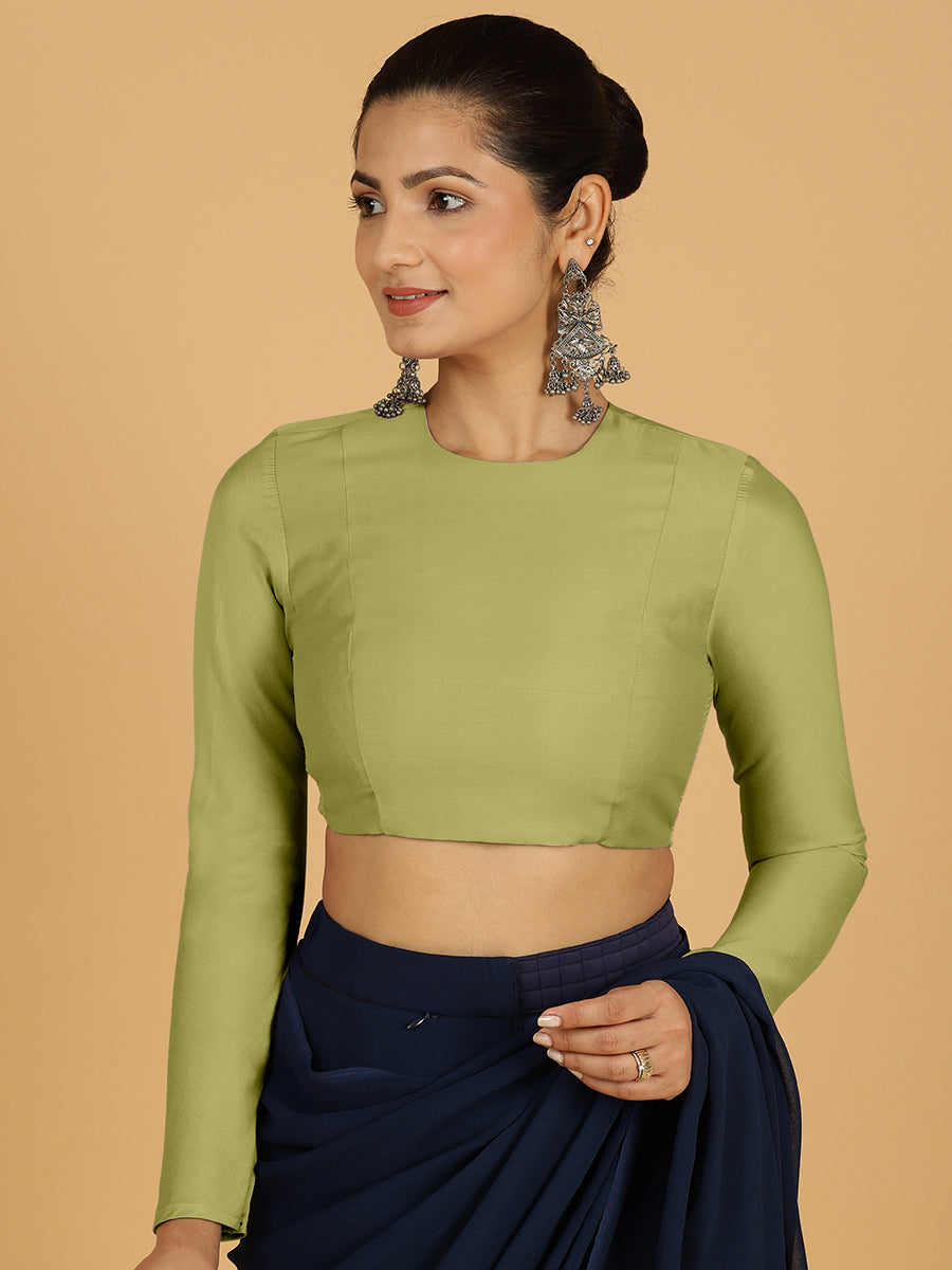 Jaya x Rozaana Saree Blouse, in Green Viscose, featuring full sleeves and jewel neckline, made for daily & work (view 7).