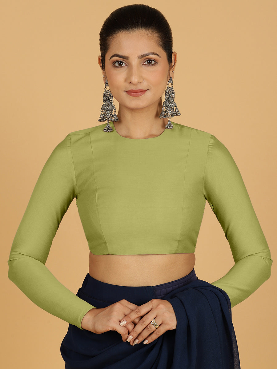 Jaya x Rozaana Saree Blouse, in Green Viscose, featuring full sleeves and jewel neckline, made for daily & work (view 8).