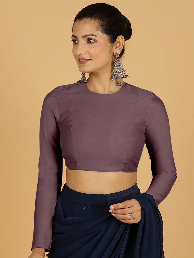 Jaya x Rozaana Saree Blouse, in Purple Viscose, featuring full sleeves and jewel neckline, made for daily & work.