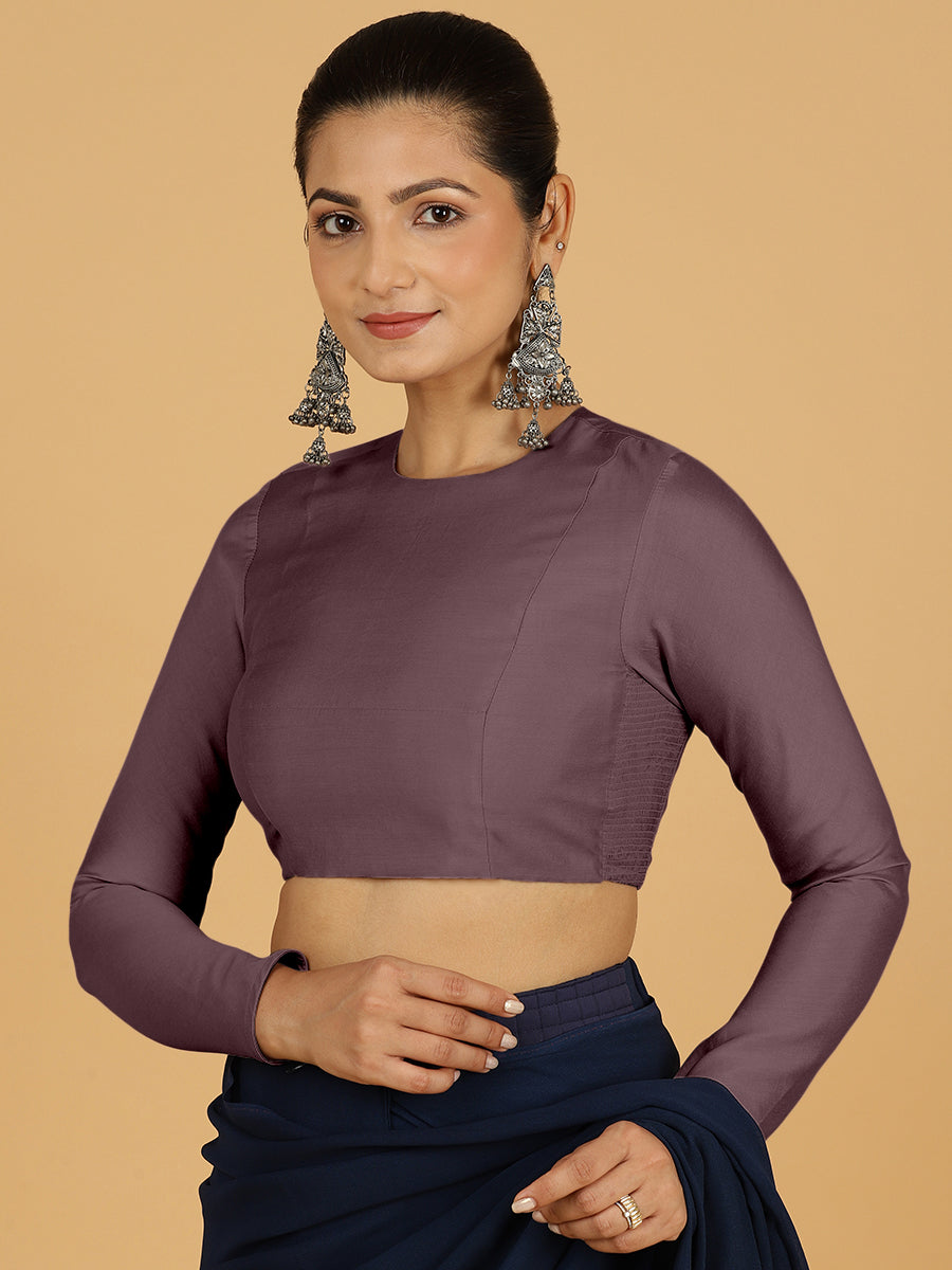 Jaya x Rozaana Saree Blouse, in Purple Viscose, featuring full sleeves and jewel neckline, made for daily & work (view 6).