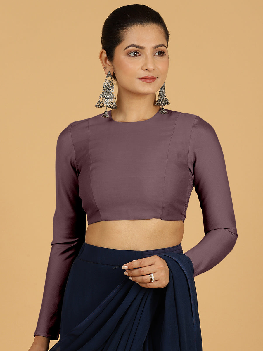 Jaya x Rozaana Saree Blouse, in Purple Viscose, featuring full sleeves and jewel neckline, made for daily & work (view 8).