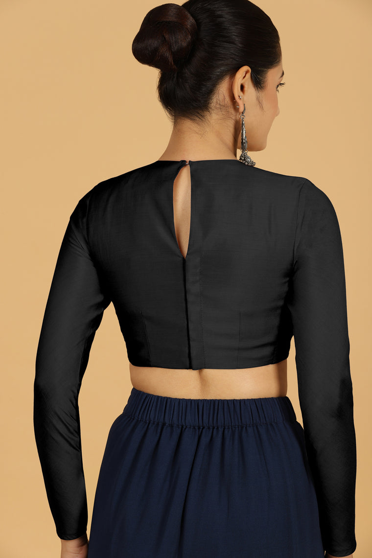 Jaya x Rozaana Saree Blouse, in Black Viscose, featuring full sleeves and jewel neckline, made for daily & work (view 2).