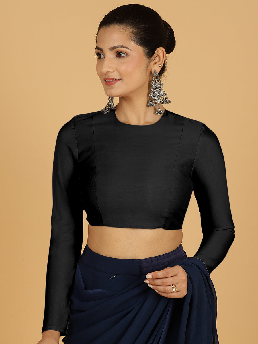 Jaya x Rozaana Saree Blouse, in Black Viscose, featuring full sleeves and jewel neckline, made for daily & work (view 8).