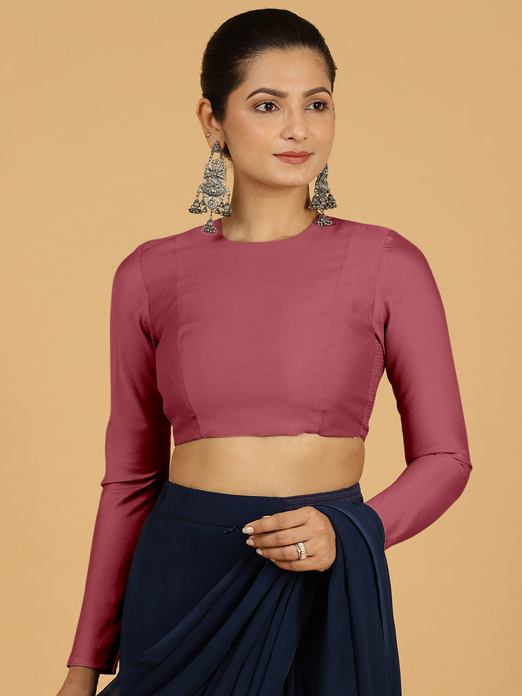 Jaya x Rozaana Saree Blouse, in Pink Viscose, featuring full sleeves and jewel neckline, made for daily & work.