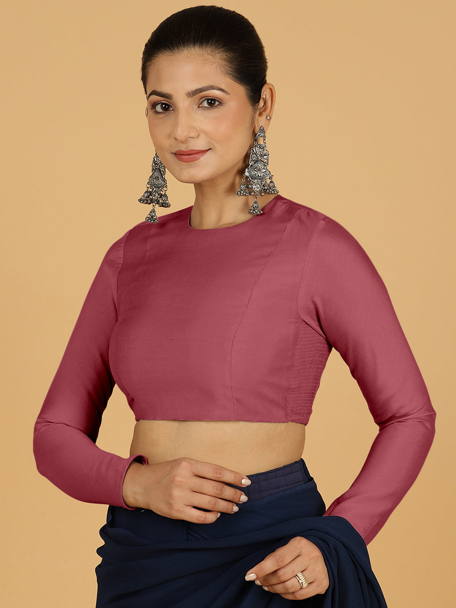 Jaya x Rozaana Saree Blouse, in Pink Viscose, featuring full sleeves and jewel neckline, made for daily & work (view 7).