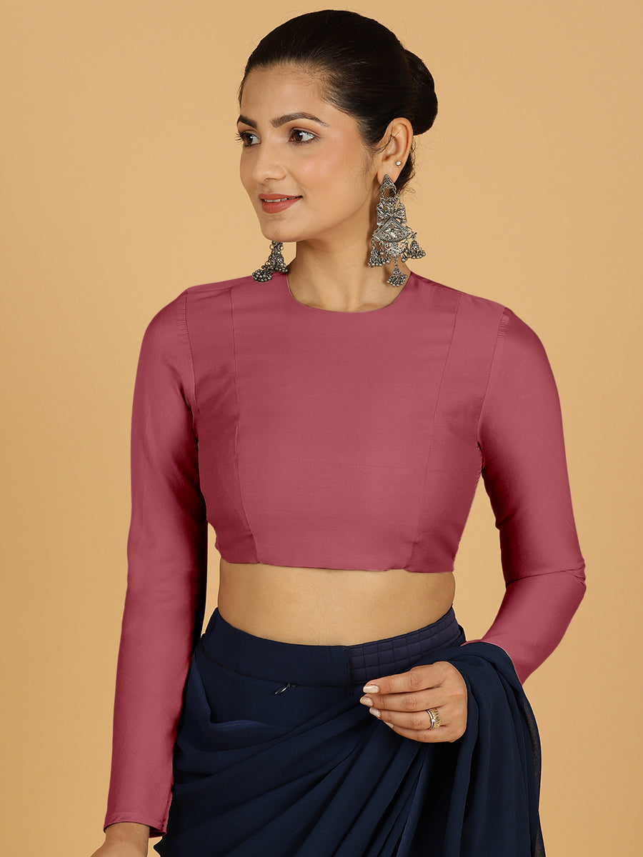 Jaya x Rozaana Saree Blouse, in Pink Viscose, featuring full sleeves and jewel neckline, made for daily & work (view 8).