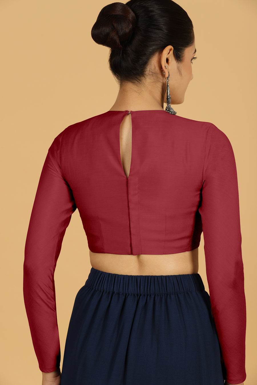 Jaya x Rozaana Saree Blouse, in Red Viscose, featuring full sleeves and jewel neckline, made for daily & work (view 2).