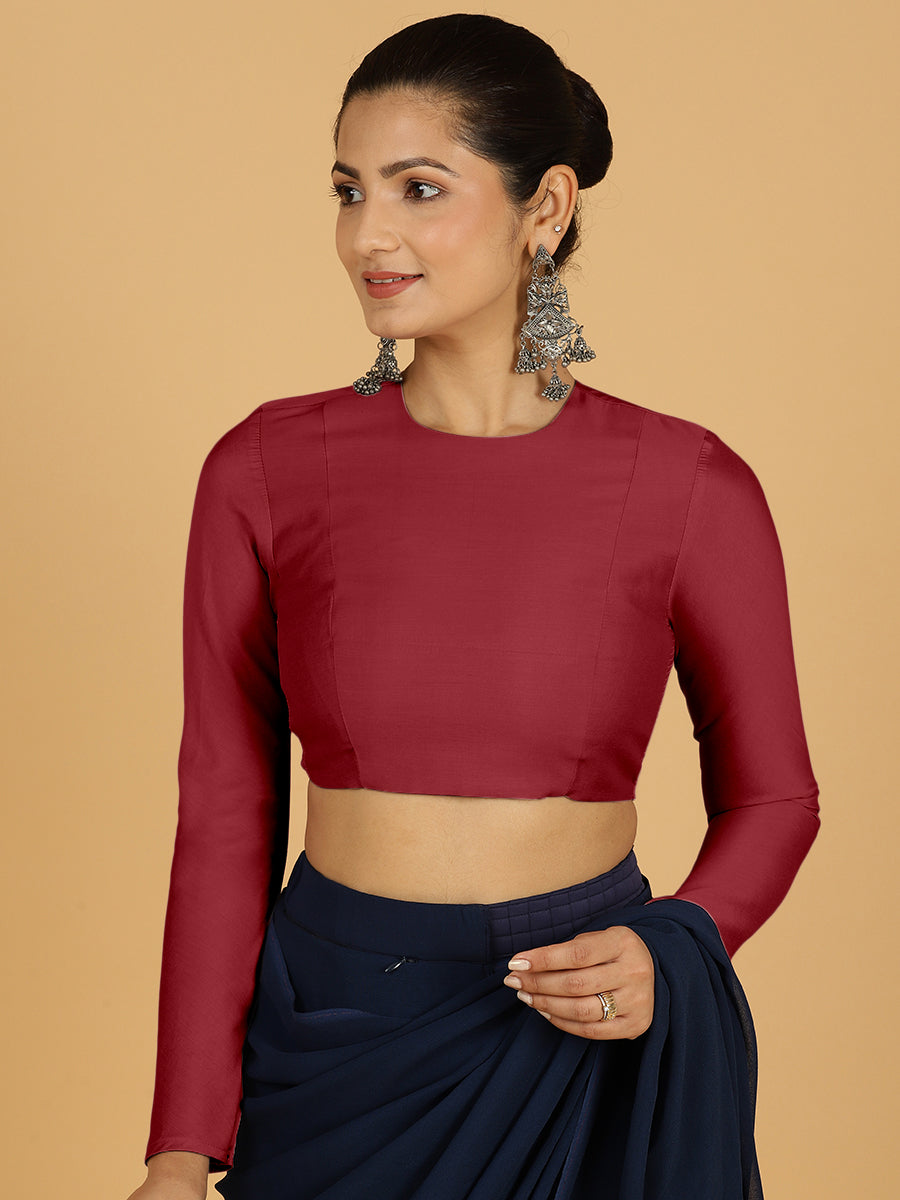 Jaya x Rozaana Saree Blouse, in Red Viscose, featuring full sleeves and jewel neckline, made for daily & work (view 8).