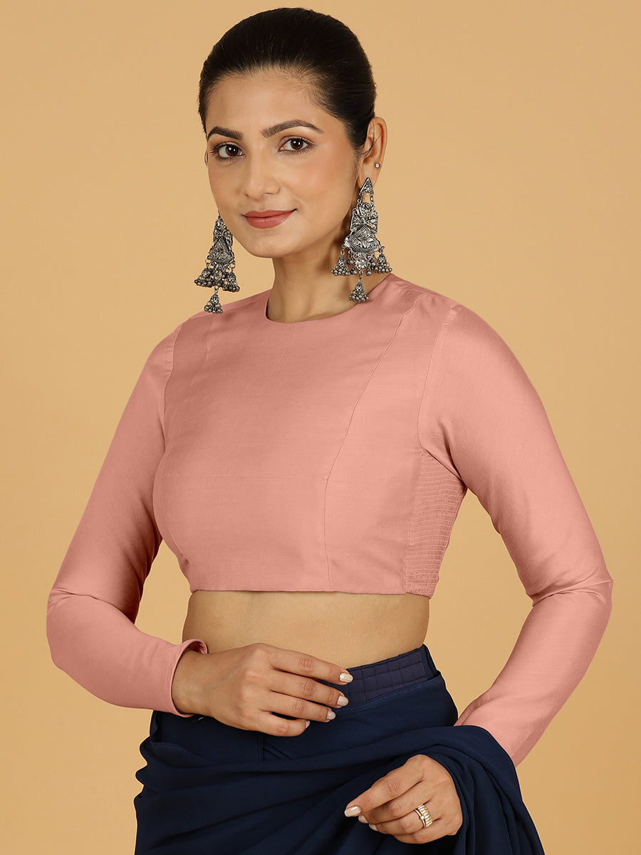 Jaya x Rozaana Saree Blouse, in Pink Viscose, featuring full sleeves and jewel neckline, made for daily & work (view 6).